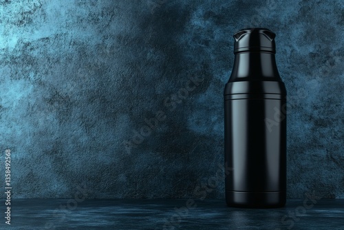 Minimalist dark metal bottle against a textured blue gradient background