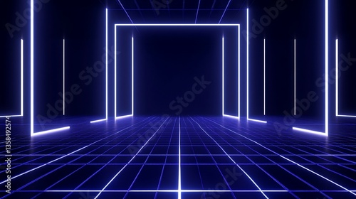 Abstract geometric background with glowing blue neon lines and grid pattern
