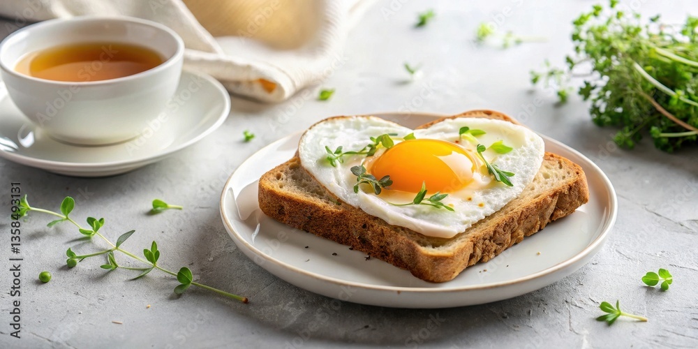 Heart-shaped fried egg on whole grain toast with fresh herbs, served with a cup of tea, a delightful breakfast Heart-shaped fried egg on whole grain toast with fresh herbs, served with a cup of tea, a delightful breakfast