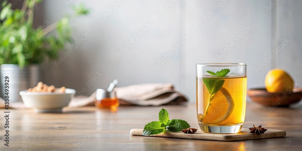 Refreshing herbal tea beverage with lemon and mint garnish on wooden surface Refreshing herbal tea beverage with lemon and mint garnish on wooden surface