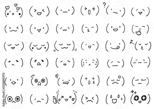 手描きのかわいい顔文字セット 02　絵文字　線画