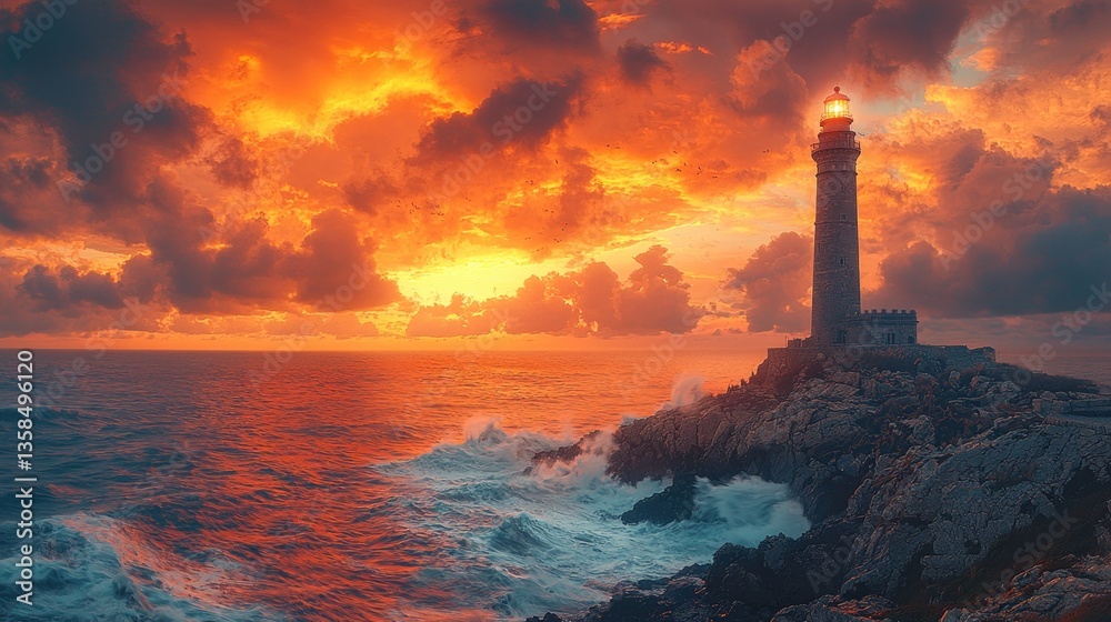 Dramatic sunset over ocean with lighthouse. Dramatic sunset over ocean with lighthouse.