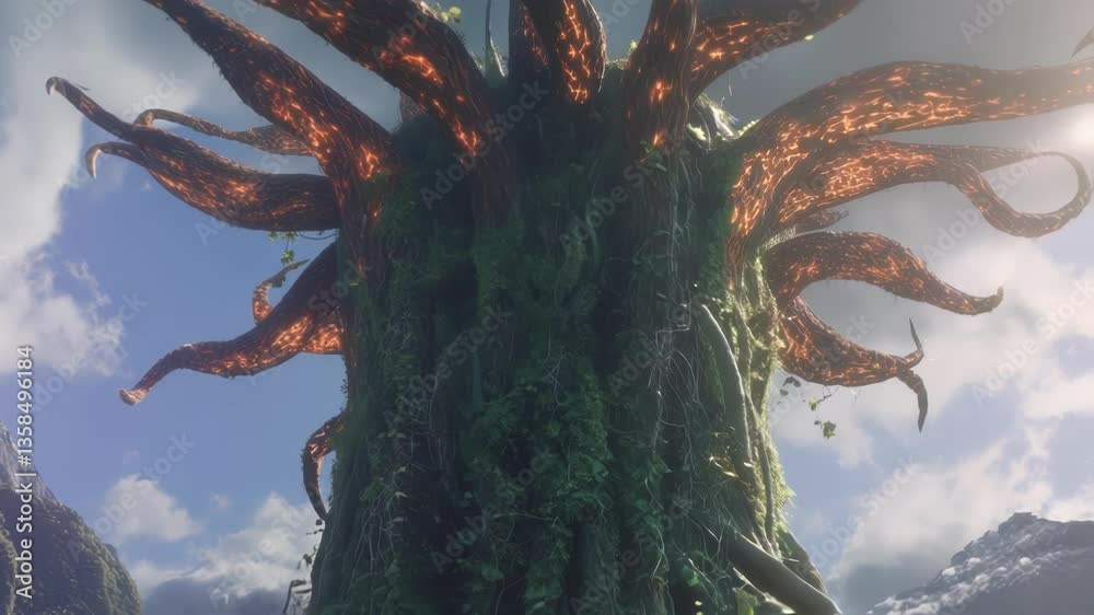 A venomous vineentangled tower stands in the heart of the jungle under siege by swarming extraterrestrial beasts with elongated limbs and iridescent scales their eerie glow contrasting