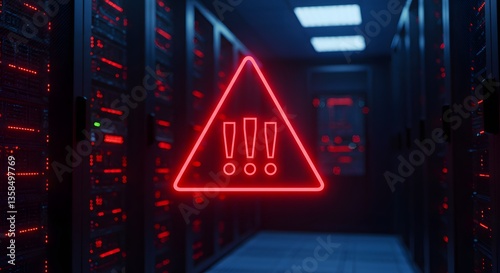 Red triangle warning in server room symbolizes disaster recovery alert. front of a server room.The server racks are dark and sleek with glowing red lights
