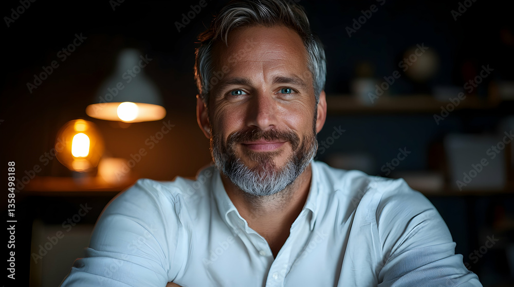 Obraz premium Smiling Man Portrait in Home Office at Night