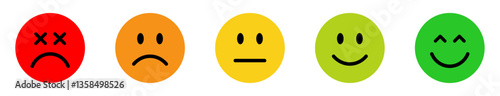 Rating emoji set. Feedback emoticons collection. Feedback and rating emoji set fill with white background. Very happy, happy, neutral, sad and very sad emojis icon set. Emoji, feedback..
