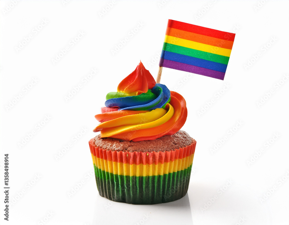 A delicious cupcake is decorated with rainbow frosting and a pride flag, symbolizing LGBTQ+ pride A delicious cupcake is decorated with rainbow frosting and a pride flag, symbolizing LGBTQ+ pride