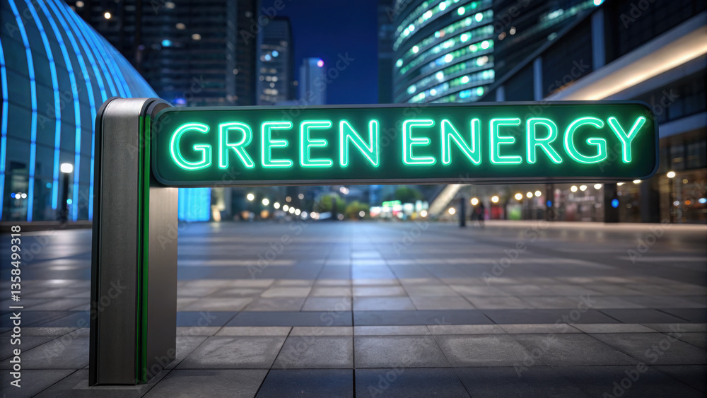 BCG Bio Circular Green Economy Neon green energy sign glowing in smart city at night BCG Bio Circular Green Economy Neon green energy sign glowing in smart city at night
