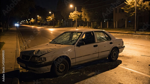 Damaged car with shattered windshield and scratched paint parked on a quiet street, depicting vehicle accident aftermath and insurance claim scenarios.