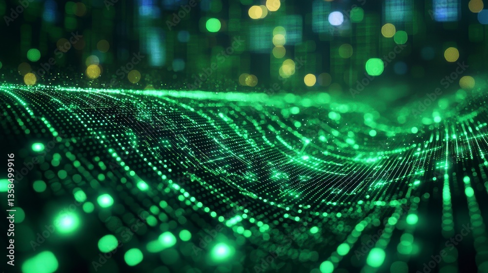 Green Data Waves with Sparkling Lights and Digital Patterns in a Futuristic Landscape of Technology and Connectivity Green Data Waves with Sparkling Lights and Digital Patterns in a Futuristic Landscape of Technology and Connectivity