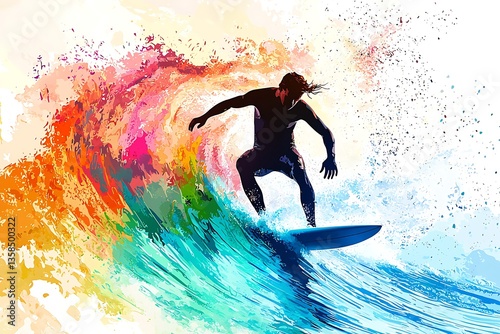 Surfer silhouette with wave action colors, great for beach sports or lifestyle advertising