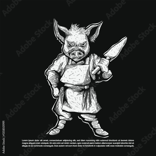 Dark art pig as a killer holding knife vector isolated on black background