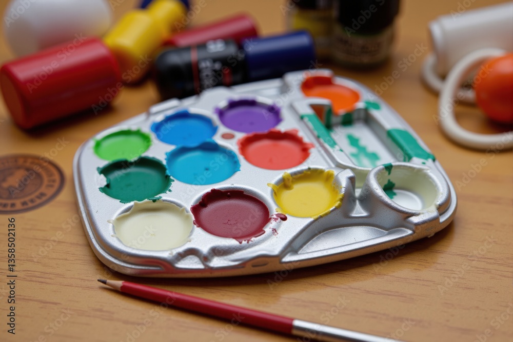A Colorful Artist's Palette with Paints and Brushes on a Wooden Table, Vibrant Supplies for Creative Painting Projects A Colorful Artist's Palette with Paints and Brushes on a Wooden Table, Vibrant Supplies for Creative Painting Projects