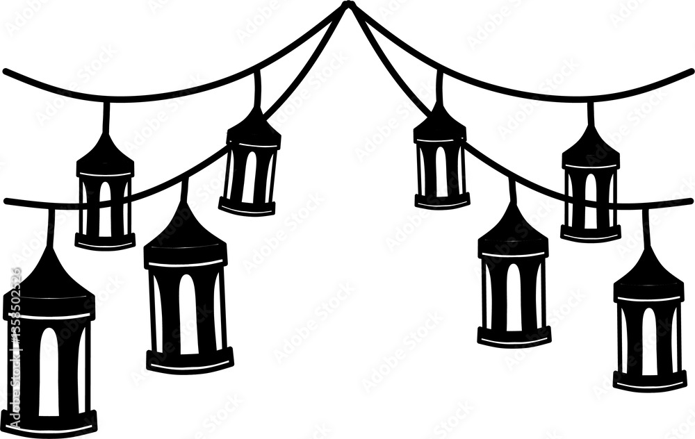 Fototapeta premium Black Islamic lantern lamp set clip art element isloated in white background. Eid mubarak graphic element printable header border vector