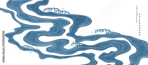 Luxury oriental river background vector. Chinese and Japanese wallpaper pattern design of landscape, sea wave, watercolor, line art. Design illustration for decoration, wall decor, banner, interior.