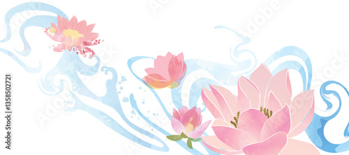 Luxury oriental river background vector. Chinese and Japanese wallpaper pattern design of lotus flower, sea wave,watercolor, line art. Design illustration for decoration, wall decor, banner, interior.