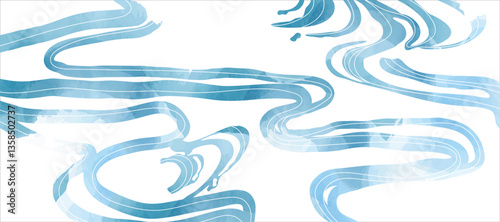 Luxury oriental river background vector. Chinese and Japanese wallpaper pattern design of landscape, sea wave, watercolor, line art. Design illustration for decoration, wall decor, banner, interior.