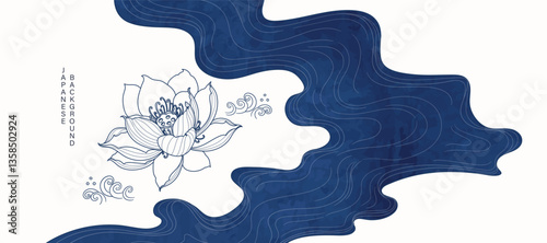 Luxury oriental river background vector. Chinese and Japanese wallpaper pattern design of lotus flower, sea wave,watercolor, line art. Design illustration for decoration, wall decor, banner, interior.