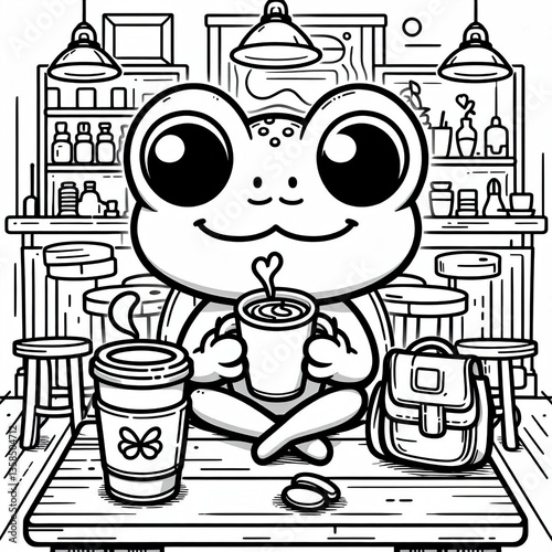 Coloring book Froggy cafe vibes Toad sips coffee in a cozy shop