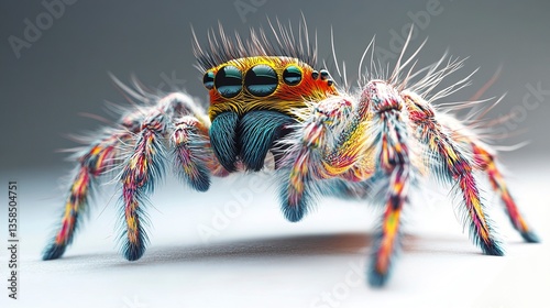 Macro view of a colorful jumping spider, sharp focus on its bold-patterned abdomen and hairy legs, with its large, reflective eyes drawing attention.  photo