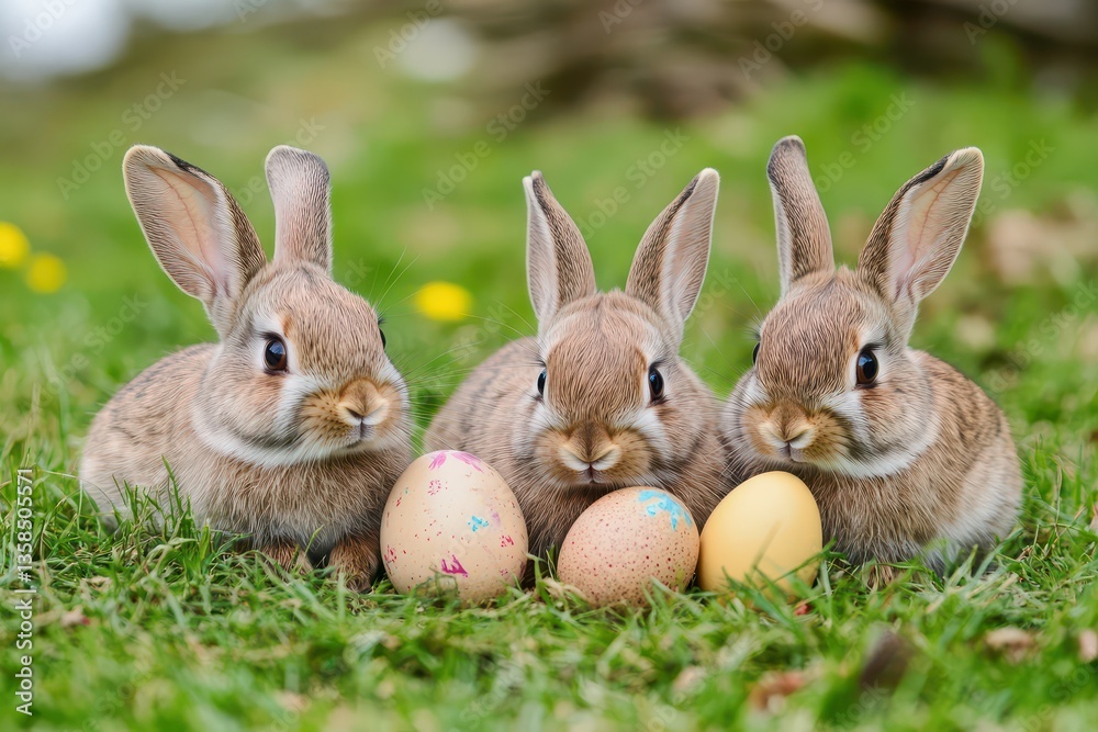 Obraz premium Bunny with eggs in spring grass