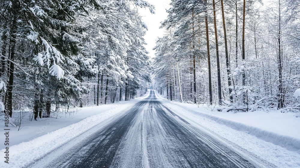 Fototapeta premium Snowy Forest Road in Winter Landscape, Scenic Mountain Journey Path through Rural Highway