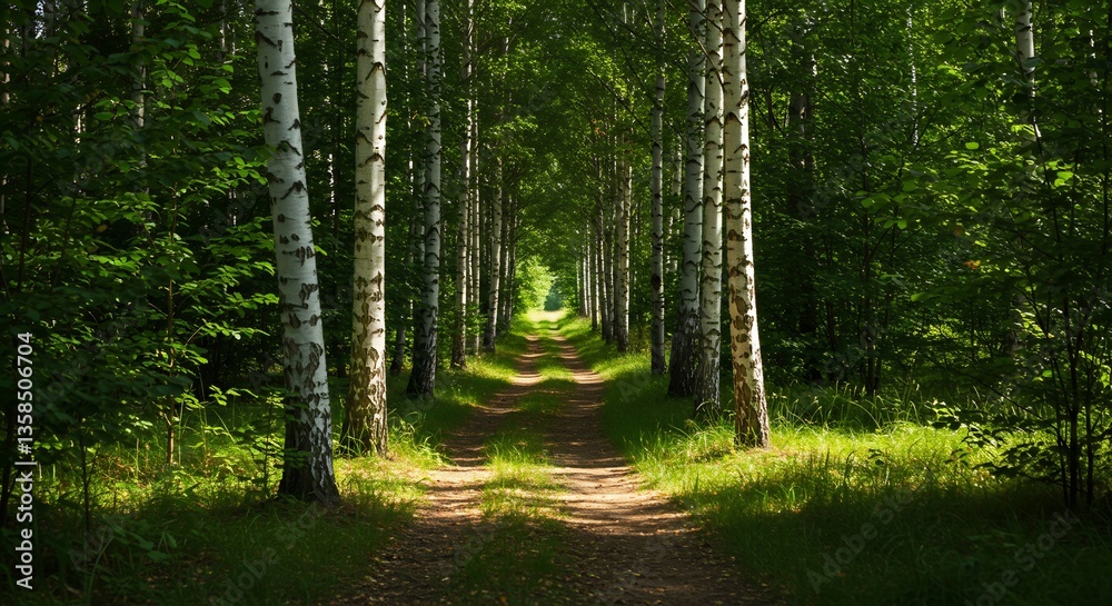 Obraz premium Sunlit path through birch tree grove peaceful scene. AI Generated
