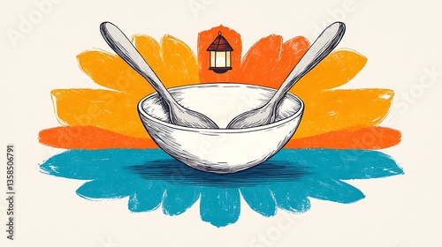Empty bowl with sunset, spoons, and Ramadan.