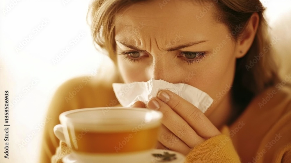 Nasal congestion in a woman sitting on the couch with tissues and a steaming cup of tea. Featuring relief and comfort Nasal congestion in a woman sitting on the couch with tissues and a steaming cup of tea. Featuring relief and comfort