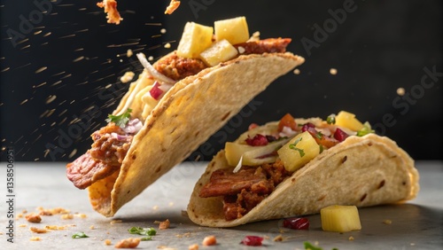 Tacos al Pastor: Tacos with toppings flying in mid-air, capturing dynamic food action. Mexican Dish Menu