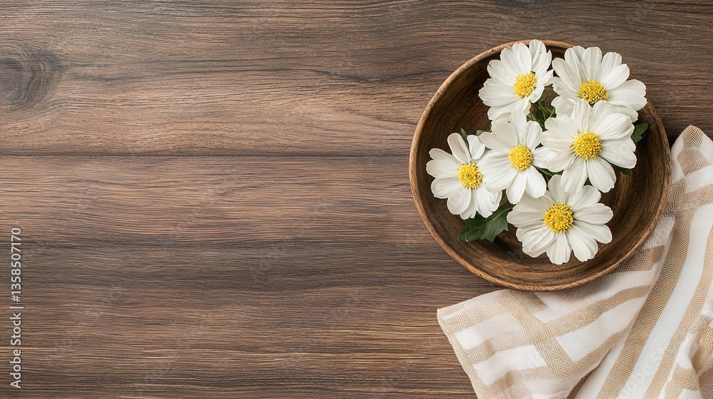 Obraz premium Cozy rustic wooden table decoration with fresh flowers home setting photography natural light aesthetic appeal