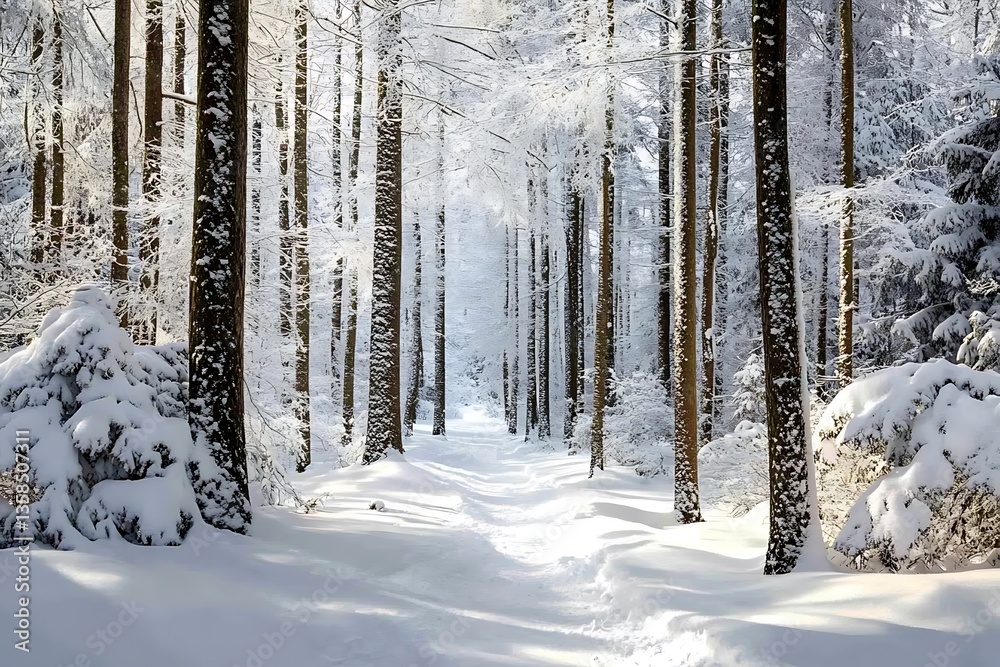 Fototapeta premium Dreamy snow forest wonder sparkles with otherworldly grace as trees dress in white and a peaceful odd feel flows 
