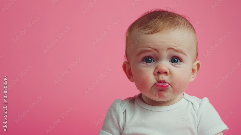 Unhappy Toddler Baby with Nervous Face Expression, Crying Child Showing Frustration and Negative Emotion on Pink Background Unhappy Toddler Baby with Nervous Face Expression, Crying Child Showing Frustration and Negative Emotion on Pink Background
