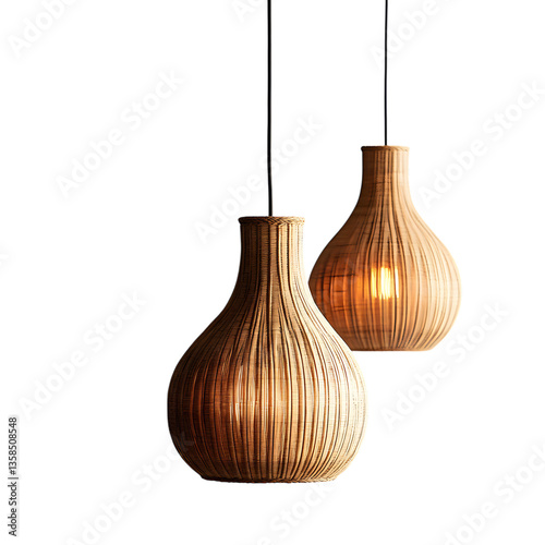 Woven Rattan Pendant Lights with Natural Textures Isolated on Transparent Background
