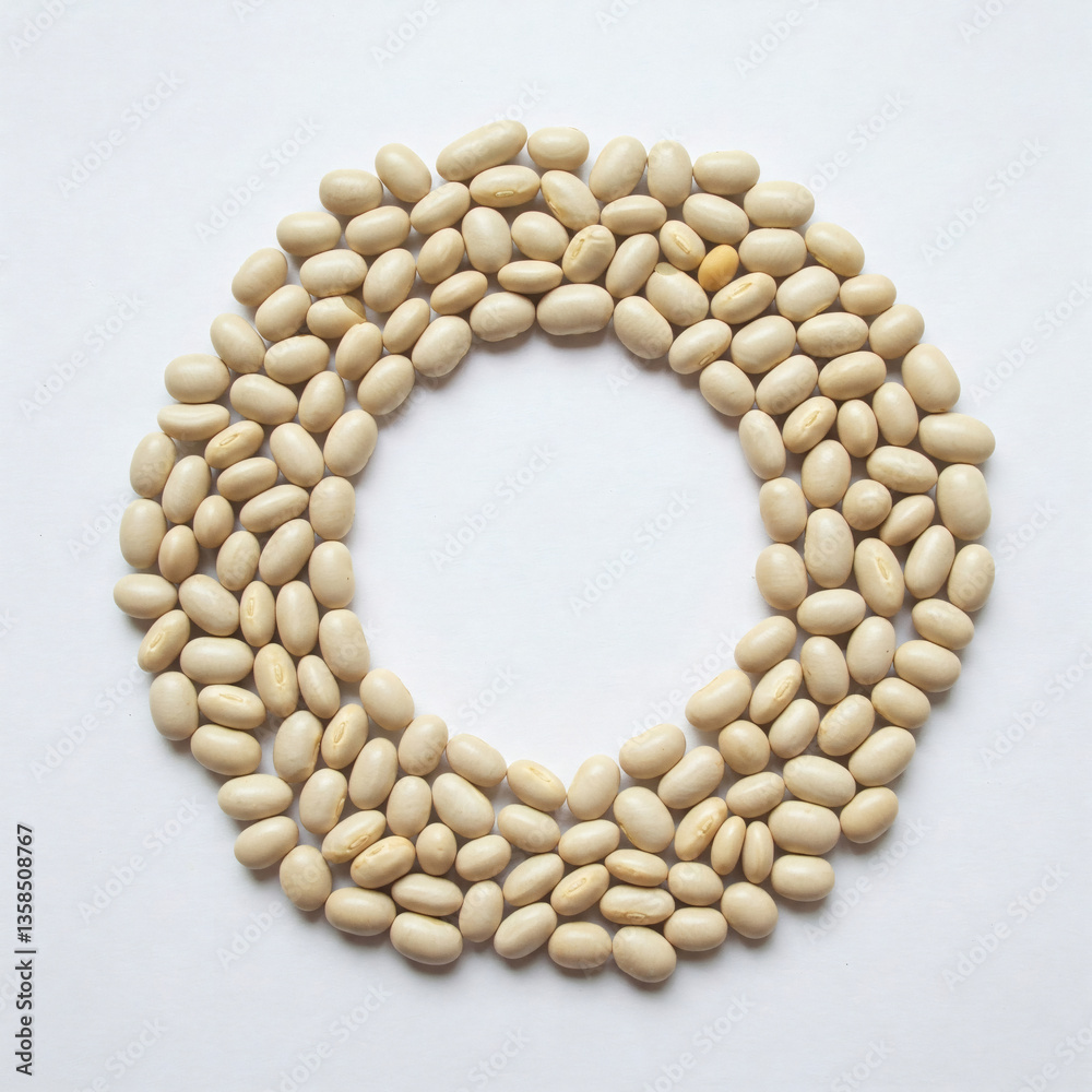 Obraz premium White beans in a circle form on a white background. Top view.