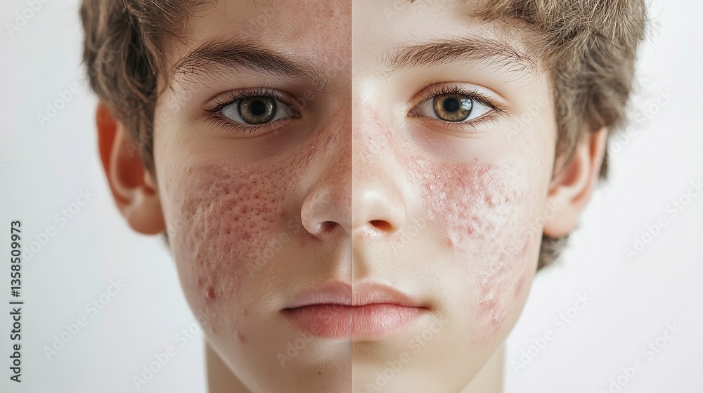 Obraz premium Young Teenage Boy Dermatology Acne Treatment Before and After. Teenager Facial Skin Inflammation and Pimple Removal Results
