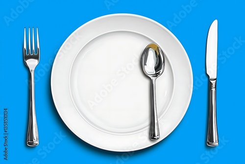 Empty Plate with Cutlery, and Blue Background.