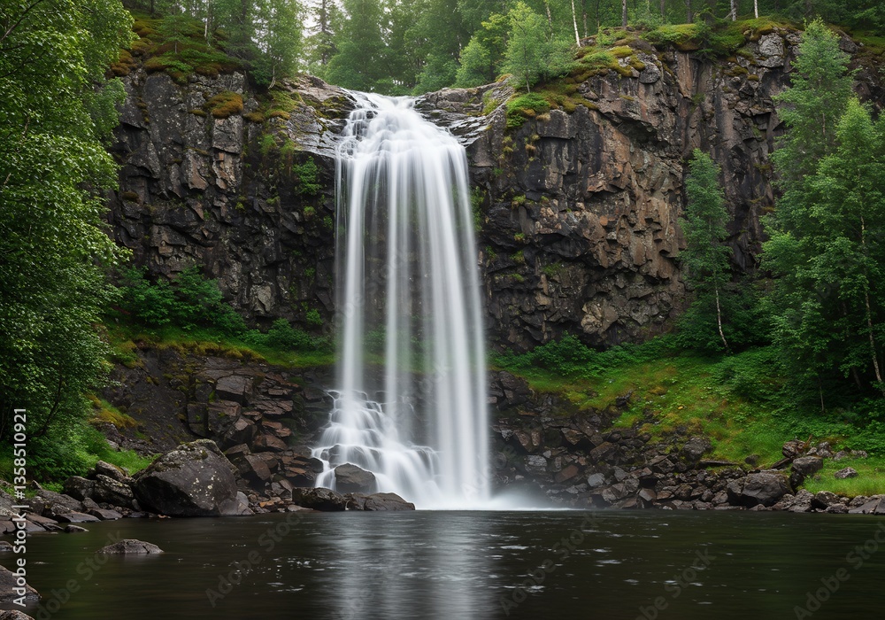 Obraz premium Serene Waterfall Cascading Down Rocky Cliffs Soft Light. AI Generated