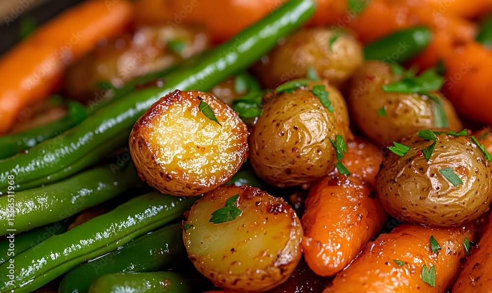roasted baby potatoes, whole green beans, and glazed carrots, Generative AI