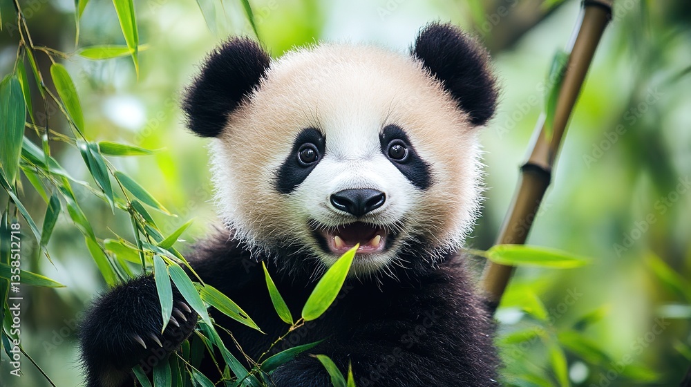 Obraz premium Adorable baby panda cub sitting playfully among fresh green bamboo leaves, showcasing its sweet kawaii smile as a cheerful forest creature in natural habitat.