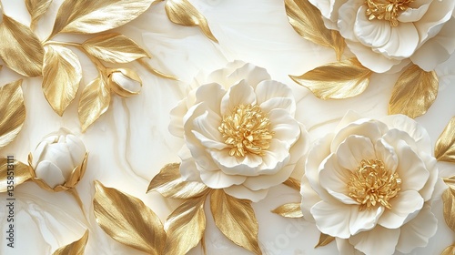 Golden leaves and buds embellish a bright white background with stucco peonies. providing a touch of luxury. 8k Resolution
