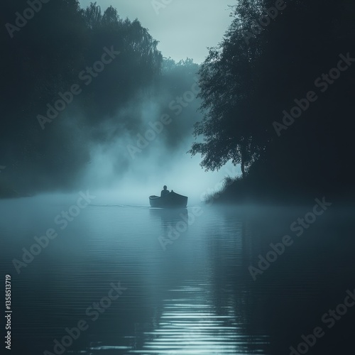 A serene scene of a lone rower in a misty river at dawn.