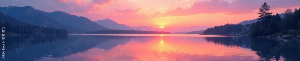 Fototapeta premium Pastel sunset hues paint the lake, tranquil and still, soft, light, still