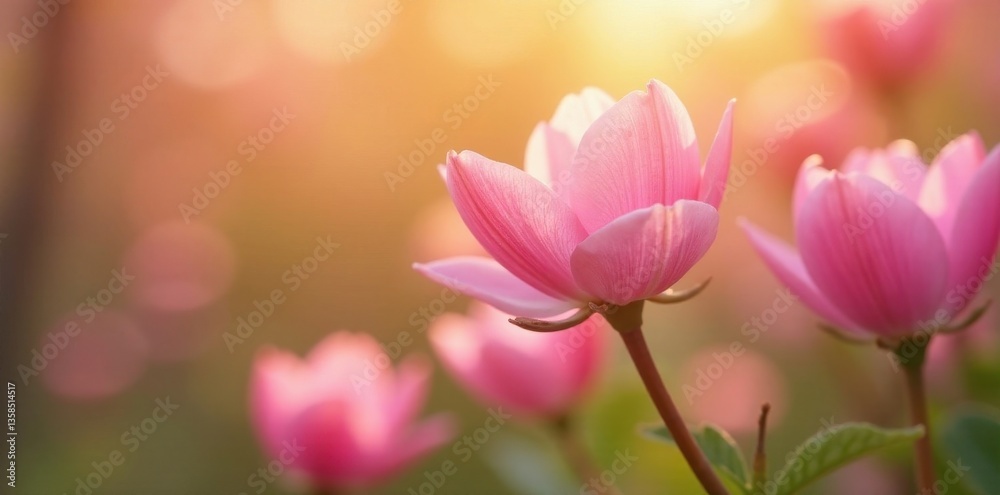 Fototapeta premium Pastel pink flowers unfolding in warm sunlight, early spring , sun, flora
