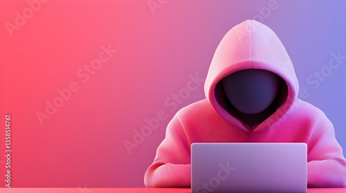 Anonymous Hacker Working on Laptop in Pink and Purple Neon Light