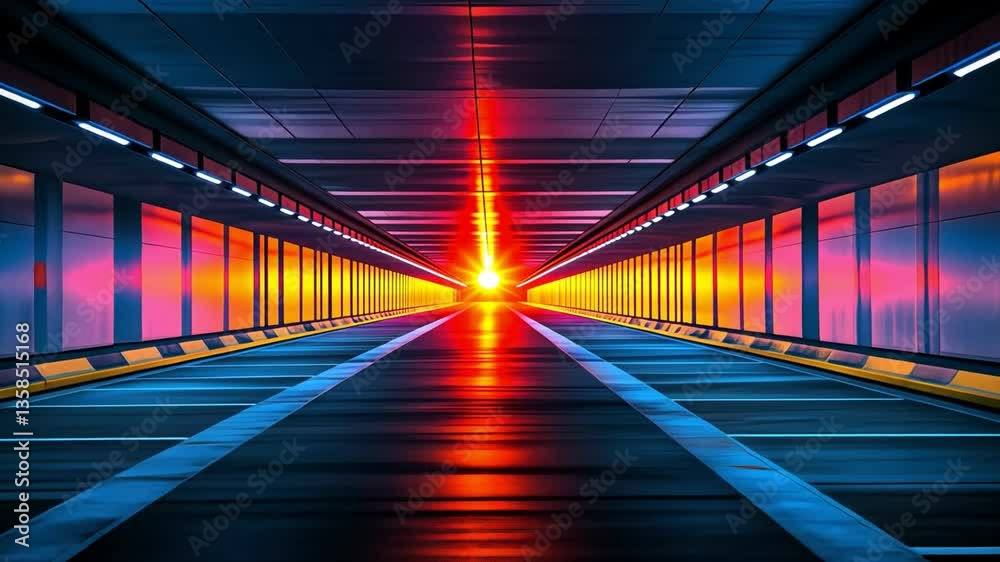 Vibrant tunnel with colorful lights creates stunning perspective of sunset, offering modern visual experience.