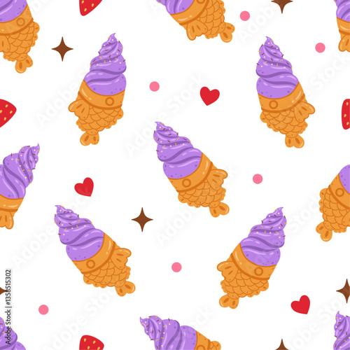 Flat cute taiyaki ice cream seamless pattern design