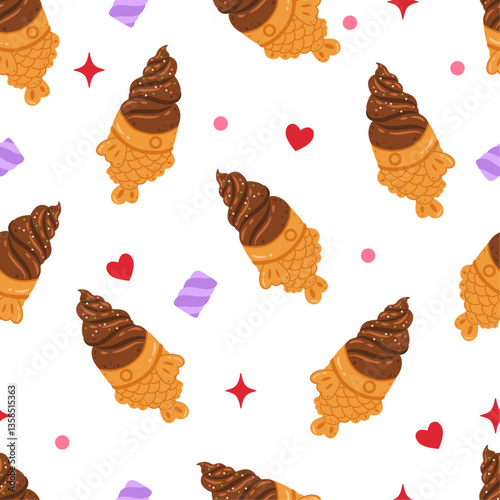 Flat cute taiyaki ice cream seamless pattern design