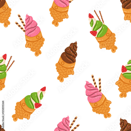 Flat cute taiyaki ice cream seamless pattern design