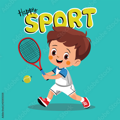 Cartoon boy swinging tennis racket with happy expression and happy sport text on bright blue background. Kids recreation concept
